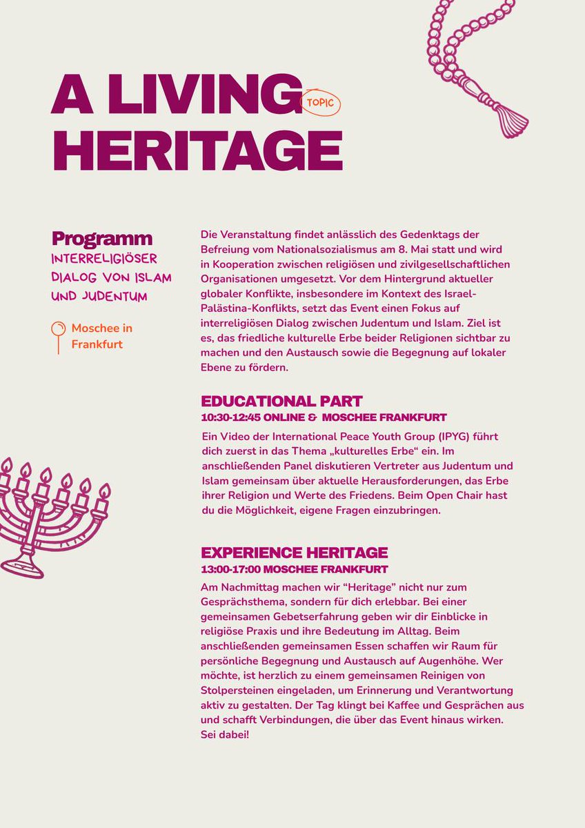 HWPL_Germany's tweet photo. Was bedeutet „Living Heritage“ für uns heute? 🕊✨ Wir laden euch zu einem ganz besonderen Tag des interreligiösen Dialogs ein. Gemeinsam mit Partnern aus der jüdischen &amp; muslimischen Community möchten wir Brücken bauen und unser friedliches Erbe erlebbar machen. 🕍🌙 https://t.co/VSgZsfYmaL