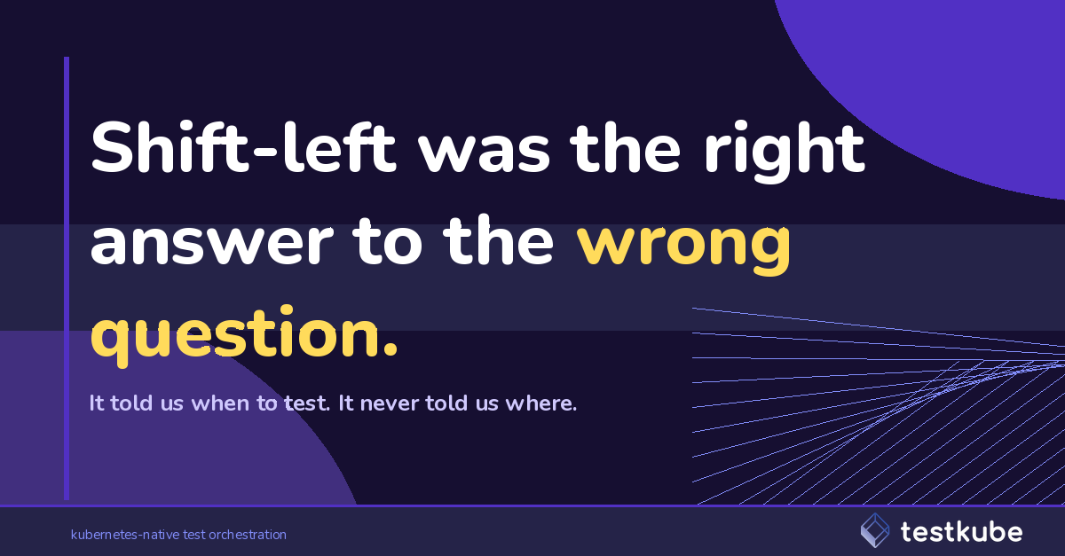 JonathanCPhelps's tweet photo. Shift-left was the right answer to the wrong question.

It told us when to test. It never told us where.

Earlier feedback was a real win. Faster signal saved real bugs. But the architecture problem stayed put. Every test still ran outside the system it was meant to validate. Outside the cluster, far from the RBAC and NetworkPolicies and sidecars the app actually depends on.

You can ship a unit test in 200ms and still be six layers of architecture away from production. The test passes, the release ships, and something breaks at 3:14am that no environment outside the cluster was ever going to catch.

The next move is location, not timing. Test inside the system you're shipping.

That means service identity bound to the actual workload. Mesh routing that resolves the way it does in prod. Topology pulled from live cluster state, not a yaml file pretending to be one.

In two years I think we look back on in-cluster testing the way we look back on containers. Obvious in hindsight. Late to most teams.

#kubernetes #devops #platformengineering #sre