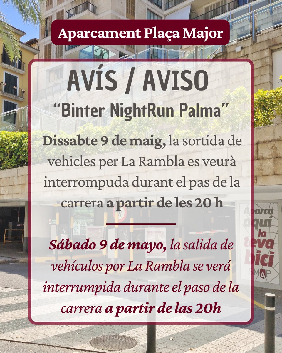 mobiapparc's tweet photo. 🚨 Binter Night Run Palma - Última Hora 2026

Amb motiu de la celebració de la #BinterNightRunPalma - Última Hora 2026, aquest dissabte, alguns accessos i sortides dels aparcaments de SMAP es veuran afectats temporalment durant el pas de la cursa. https://t.co/qi4CET5iNR