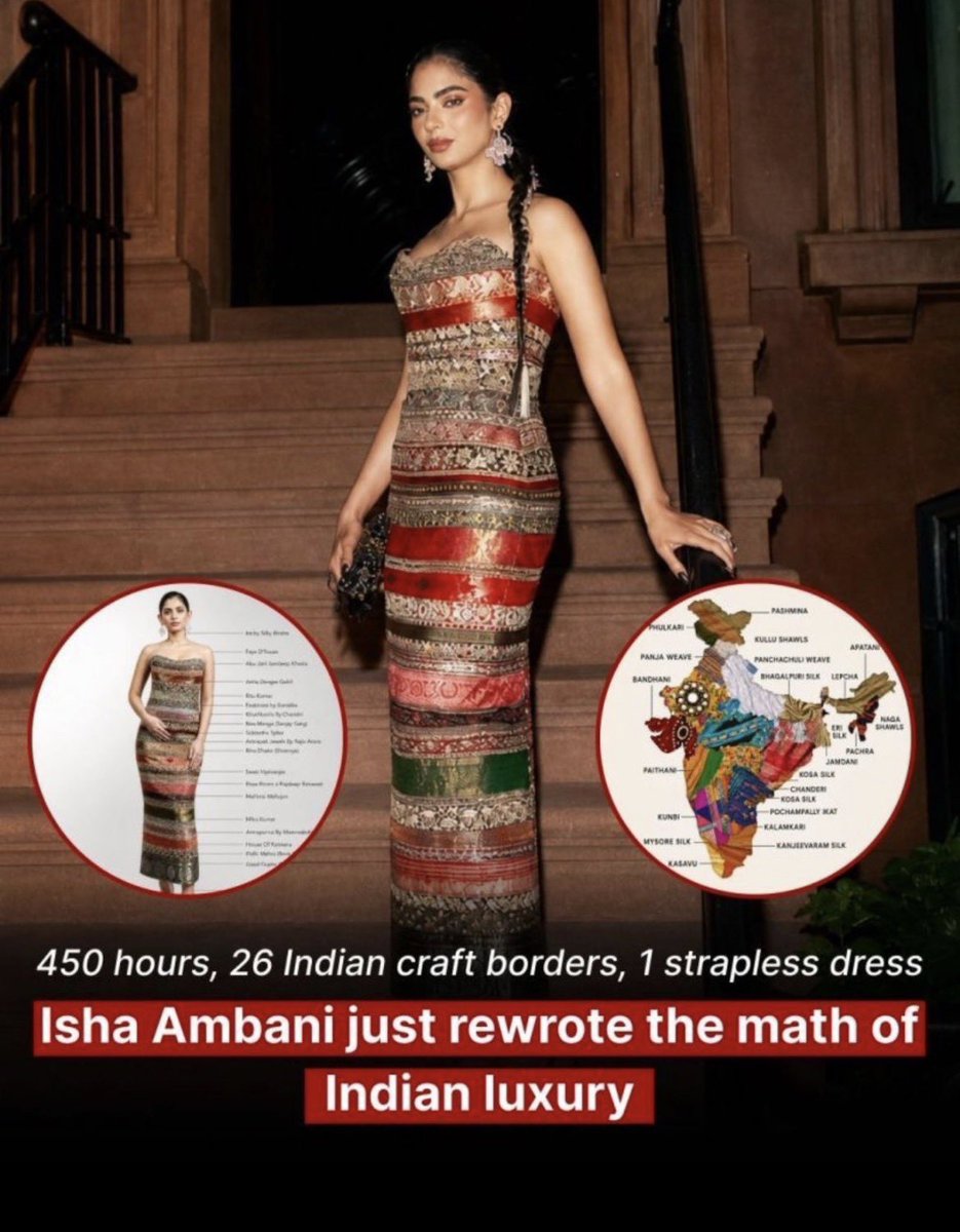 AnujGodaraa's tweet photo. #Isha #Ambani’s Met #Gala dress took 450 hours to make.

This dress was made by #ManishMalhotra, and #Reliance Retail’s homegrown artisan brand Swadesh backed the craft.

had #Banarasi, #Kantha, #Kanjeevaram, #Maheshwari, #Paithani, and 21 more regional crafts. 

For 15 years in retail, I watched #Indian craft sit inside European workshops. The embroidery was ours, but the brand name on the label was not. Indians never saw the credit.

This dress changes that story.

The cut was something that the #world recognises instantly. 

A strapless midi, not a bridal lehenga, shows how the textile was unmistakably Indian. The dress was a map of India. North to south, east to west, all of it on one woman at a New York Gala.

→ 26 borders, 450 hours, one strapless silhouette. That is the new #luxury math. 
→ #Foreign initials carried the weight for decades. Craft density is starting to compete. 
→ #Swadesh sits inside Reliance Industries Limited Retail, which means this story has the rails to scale.

#European houses should pay attention. The same artisans they hire without credit are now being named on global stages. Once buyers learn to read #craft instead of logos, pricing power moves.

India spent decades exporting our craft cheaply. We are learning to wear it as power.

Jio Jio Platforms Limited (JPL)  Jio Financial Services | Reliance Group Reliance Retail 

#Ambani #Reliance #Fashion #GoalsMate