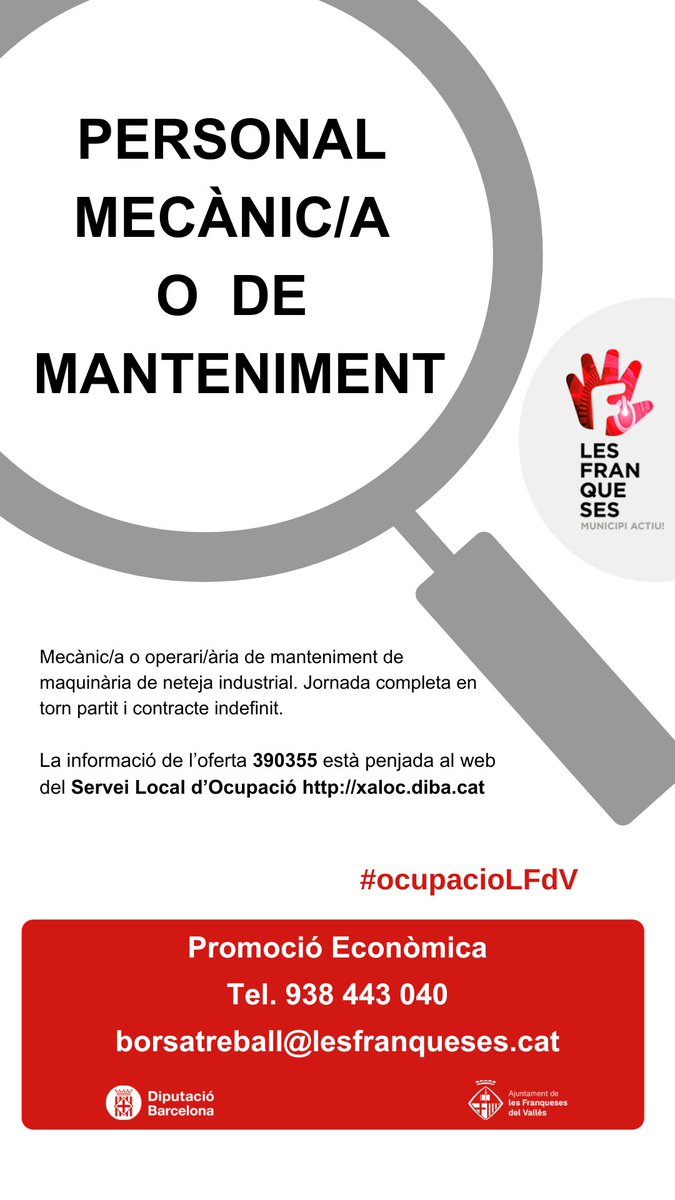 lesfranqueses's tweet photo. #LesFranqueses des d'#ocupacioLFdV ens arriben noves ofertes de feina: 
👩‍🔧 2 AUXILIARS DE GERIATRIA
👩‍🔧 DELINEANT PROJECTISTA
👩‍🔧 TÈCNIC/A DE PROJECTES D'OBRA CIVIL
👩‍🔧 PERSONAL MECÀNIC O DE MANTENIMENT 
☎️938 443 040 
📩borsatreball@lesfranqueses.cat 
🔗https://t.co/J1Mo0piEdj https://t.co/9MB0eSvNl0