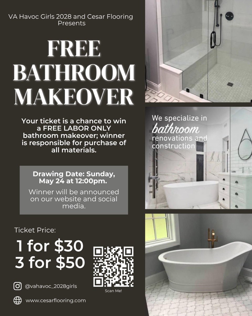 DevoJeffo's tweet photo. Transform your space! 🛁✨ VA Havoc Girls 2028 and Cesar Flooring are giving you a chance to win a FREE labor‑only bathroom makeover. You purchase the materials, and they handle the rest.

📍 Buyers up to 2 hours outside of Richmond are eligible to participate!  
Don’t miss out! https://t.co/nDpip6307J
