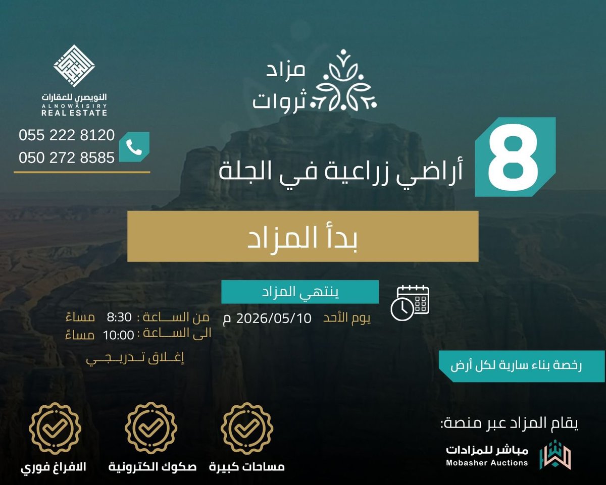 alnowaisiry's tweet photo. بدأ مزاد ثروات …
مزاد إلكتروني على 8 أراضي زراعية في الجلة عبر منصة مباشر للمزادات.

✨ مميزات العقارات:
✔️ صكوك إلكترونية جاهزة للإفراغ الفوري
✔️ رخص بناء سارية لكل عقار

📅 ينتهي المزاد: يوم الأحد القادم 2026/05/10

بادر بالمشاركة في المزاد الآن واغتنم الفرصة.
https://t.co/PZvAp7cVsF

#مزاد #مزاد_عقاري #مزاد_ثروات #الجله #الجلة