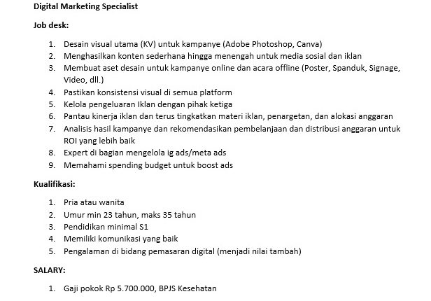 expensvv's tweet photo. ada loker lagi, sebagai Digital Marketing Specialist. info lengkap di foto! komen/dm if you interested gaes^^

#infoloker #loker #lokerjakarta #digimar #marketing #digital https://t.co/YiTW7oDwUV