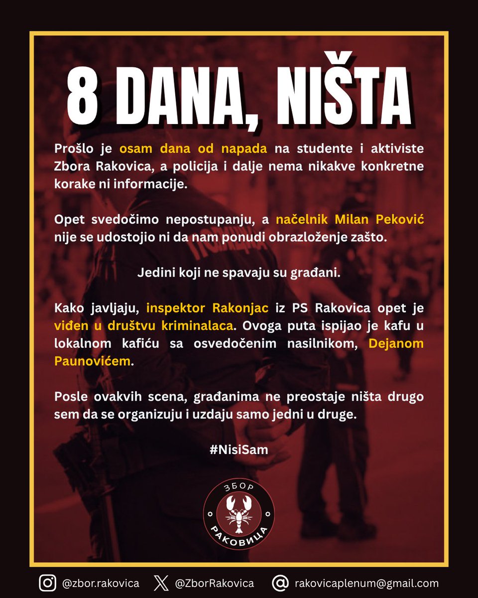 Načelniče Milane Pekoviću,
8 dana nakon otmice u Resniku, a ništa niste uradili.

Narod hvata Vaše inspektore kako piju kafu sa kriminalcima.

Ostavljate jedinu opciju narodu da se sam štiti.

Poduzmite nešto! Kriminalci su na slobodi!

#NisiSam