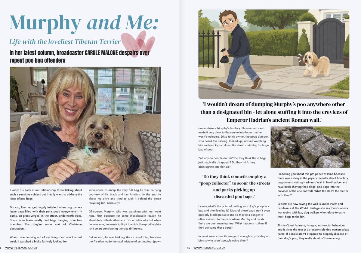 Pets_Mag's tweet photo. Carole Malone is back in Pets Magazine with Murphy, mischief and a very firm message for repeat poo bag offenders.

Read the May issue here: https://t.co/nUg0DOOxYl

#PetsMagazine #murphyandme #dogowners #ResponsibleDogOwnership #carolemalone https://t.co/RYo3exVVmx