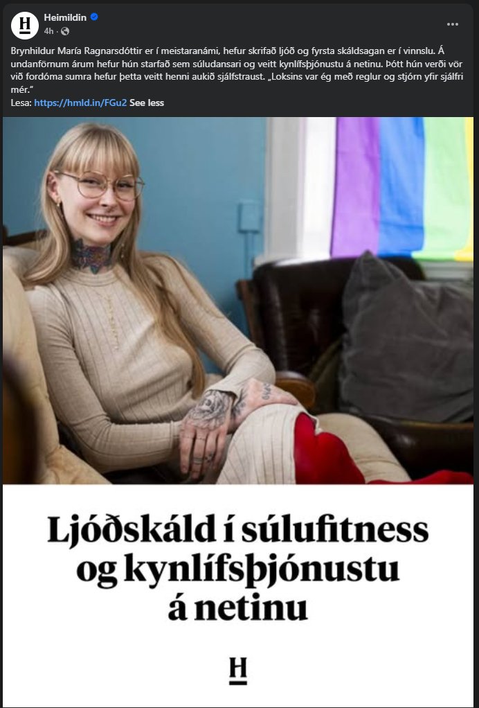thorgrimur_e's tweet photo. Heimildin með fjórar greinar á seinustu tveimur dögum að fjalla um "kynlífsverkafólk". Velti fyrir mér hvað liggji þar að baki. Líklega ekkert sem mun vera samfélaginu til framdrátta.
Kannski er ég gamaldags en ég vil ekki að konur leiðist út í vændi og ég vil alls ekki að það sé eitthvað til að fagnaðarefni þegar það gerist.