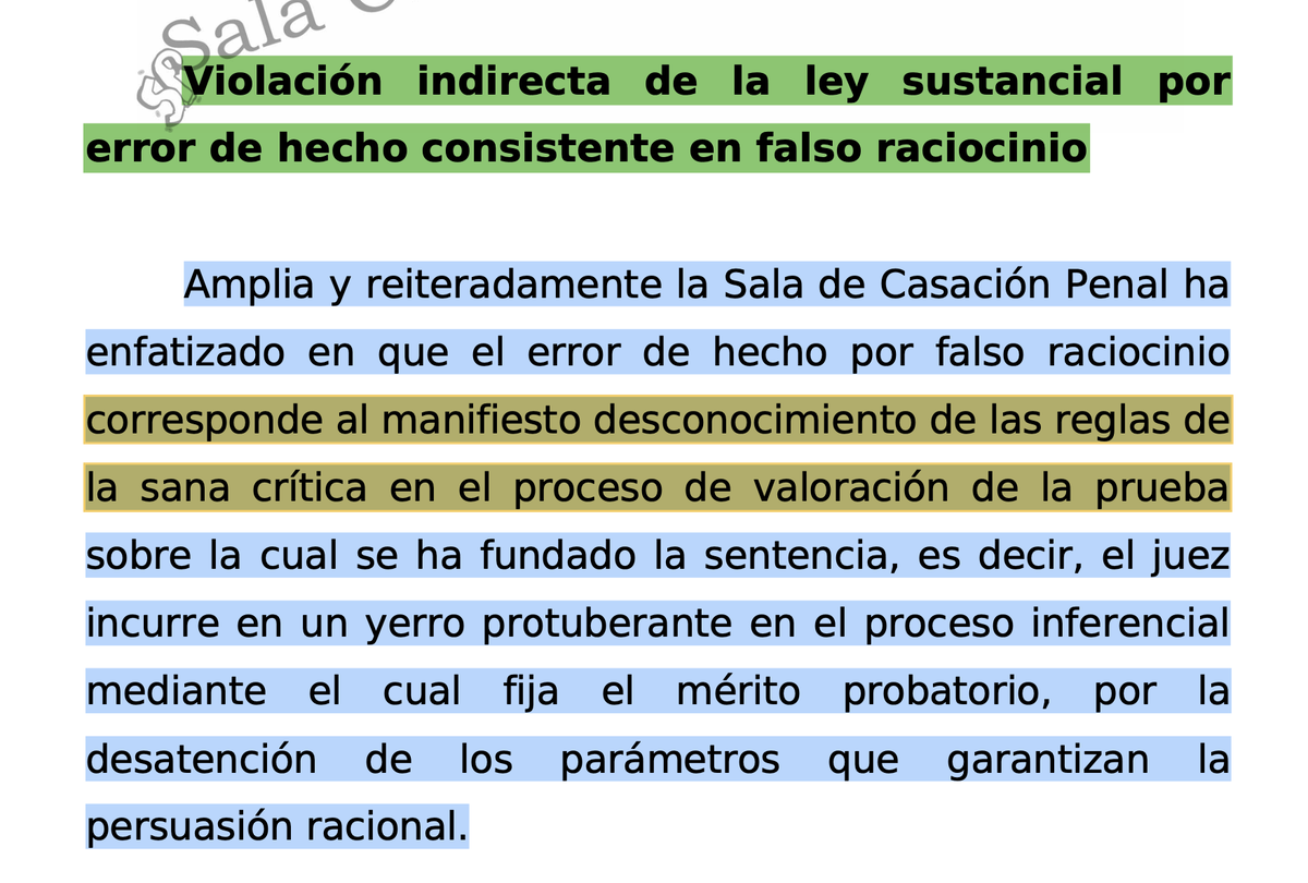 luisjimenezro's tweet photo. ¿CUÁNDO LA VALORACIÓN DE LA PRUEBA SE CONVIERTE EN FALSO RACIOCINIO?

1. El magistrado Diego Eugenio Corredor Beltrán, en la decisión AP1037-2026, hace una explicación bastante precisa acerca de lo que es el falso raciocinio.

Recordó que este yerro corresponde al “manifiesto desconocimiento de las reglas de la sana crítica en el proceso de valoración de la prueba”.

Concepto anterior que vale la pena comprender en su debida dimensión.

* Piénsese, por un momento, en dos elementos:
De un lado, el juez; y del otro, la prueba. Por ejemplo, un testigo que declaró determinados hechos en el juicio oral.

El juez tiene libertad para valorar esa prueba. Sin embargo, esa libertad no puede confundirse con libertinaje. La valoración probatoria no puede ser arbitraria.

Existe un amplio margen dentro del cual el funcionario judicial puede apreciar las pruebas, y ese margen está delimitado por las reglas de la sana crítica.

Dicho de otra manera: es como si la labor valorativa del juez se moviera dentro de un gran “círculo”, el cual está conformado por:

* Los principios de la lógica;

* Las máximas de la experiencia; y

* Las reglas de la ciencia.

O, si se quiere un ejemplo más gráfico, algo parecido a cuando se dice: “pueden disfrutar del paraíso, pero no pueden comer del árbol prohibido”.

Precisamente esos límites son las reglas de la sana crítica:

i) la lógica;

ii) las máximas de la experiencia; y

iii) los principios de la ciencia.

Cuando el juez permanece dentro de esos márgenes, ejerce legítimamente su libertad valorativa. Pero cuando los desborda y sustituye la racionalidad por prejuicios, estereotipos o inferencias arbitrarias, aparece el falso raciocinio.

Mientras la valoración permanezca dentro de esos parámetros, no existiría error alguno.

Pero cuando el juez fija mérito probatorio desconociendo manifiestamente alguno de esos postulados —por ejemplo, un principio lógico, una máxima de experiencia o una regla científica— entonces da lugar a lo que la Corte describe como un “yerro protuberante en el proceso inferencial”.

Es decir, un defecto grave en el proceso de razonamiento mediante el cual el juez llega a otorgarle mérito a determinada prueba.

2. Piénsese, por ejemplo, en un proceso por violencia sexual.

Supóngase que en juicio quedó acreditado que la víctima compartió bebidas alcohólicas con otra persona en una discoteca, que utilizaba una minifalda y una blusa escotada, y que posteriormente acompañó a esa persona hasta su apartamento.

Ahora bien, imagínese que el juez concluye que no le cree a la víctima cuando afirma que nunca consintió la relación sexual y que, además, debido al estado de embriaguez en el que se encontraba, no pudo comprender plenamente lo sucedido.

Y no le cree porque considera que una mujer que viste determinada ropa, comparte bebidas alcohólicas y acompaña voluntariamente a alguien hasta su residencia, “realmente quería sostener relaciones sexuales”.

En un caso así, el problema no radicaría en la libertad valorativa del juez.

El problema surgiría porque el funcionario judicial estaría construyendo una inferencia a partir de estereotipos o prejuicios incompatibles con las reglas de la sana crítica.

Es decir, estaría otorgándole mérito probatorio a circunstancias que, desde la lógica y la experiencia, no permiten concluir válidamente la existencia de consentimiento sexual.

Para entender mejor el error, imagínese al juez y, frente a él, a la testigo declarando.

A partir de lo expresado por la víctima, el funcionario judicial pone en marcha su razonamiento en aras de determinar el mérito probatorio de esa declaración.

Sin embargo, frente a lo afirmado por la víctima, el juez, en lugar de acudir a una máxima de la experiencia o a un principio de la lógica, termina acudiendo a un estereotipo machista: “si una mujer viste de determinada forma, entonces quiere consentir una relación sexual”.

Adviértase cómo esa forma de razonar desborda ese “círculo” denominado sana crítica. Los estereotipos machistas no constituyen un criterio de valoración probatoria.

Y precisamente al apartarse de esos límites racionales para valorar la prueba, el funcionario judicial incurre —al menos en el ejemplo propuesto— en una inferencia protuberantemente equivocada que, en casación, se conoce como falso raciocinio.

Ref.: AP1037–2026. Radicación n.° 70911. 25 de febrero de 2026.