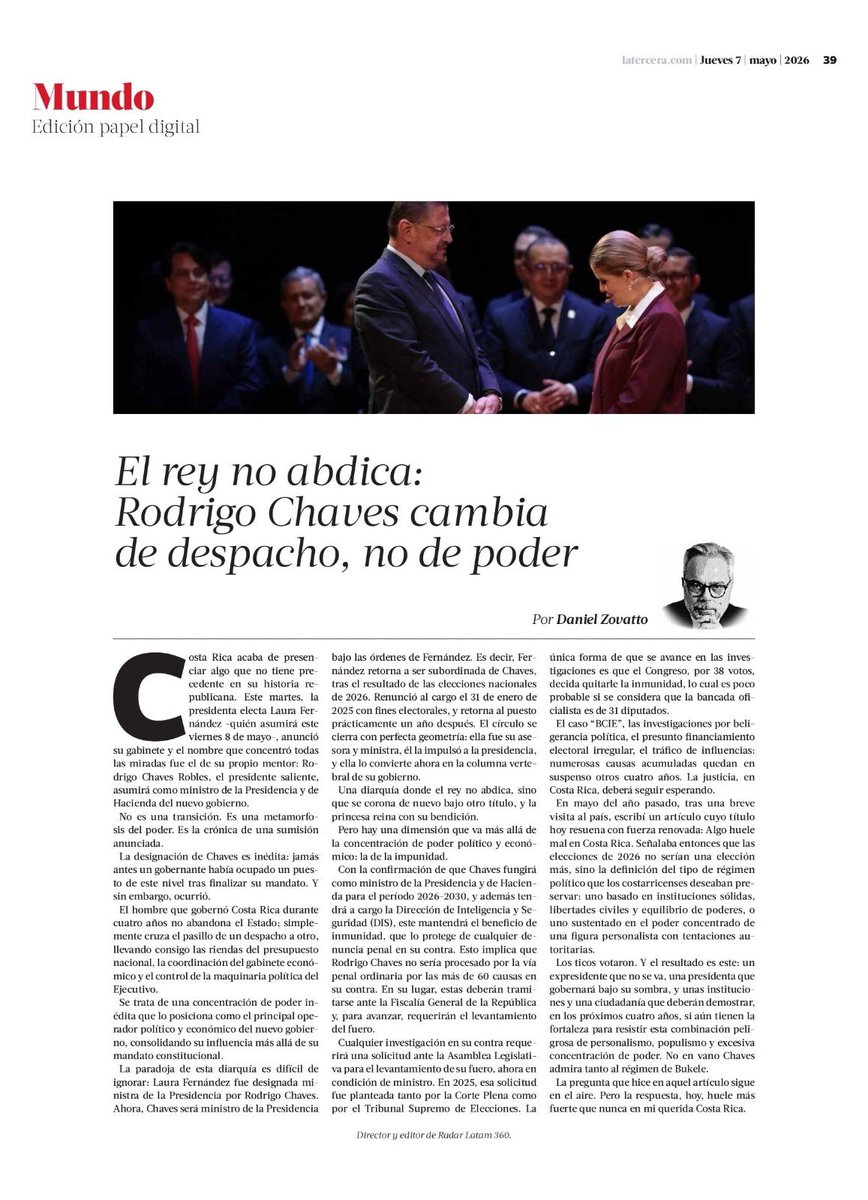 Mañana viernes 8 de mayo, Costa Rica vivirá un hecho inédito en su historia republicana: la nueva presidenta, Laura Fernández, asumirá el poder tras designar en su Gabinete a su mentor político y actual mandatario, Rodrigo Chaves, como ministro de la Presidencia y de Hacienda,