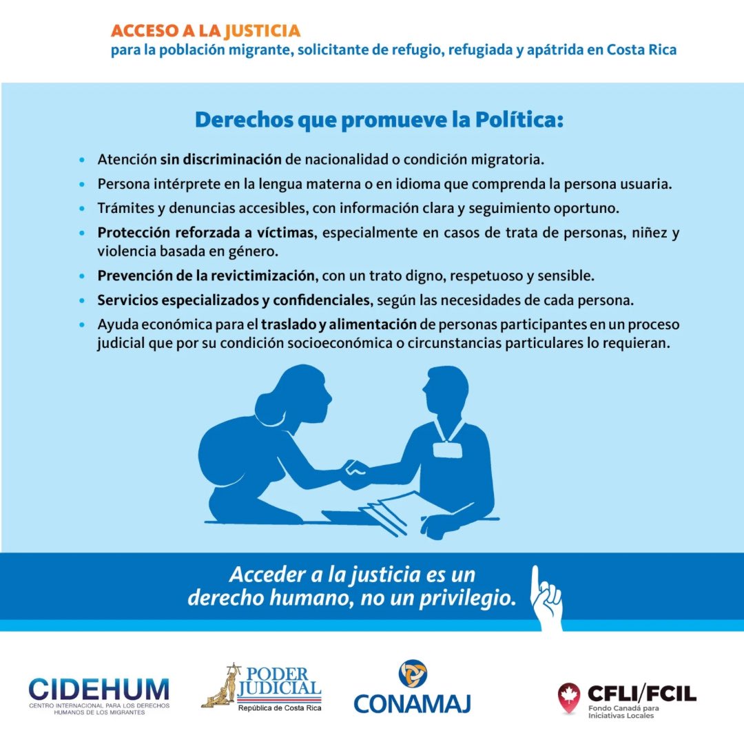 cidehum_cr's tweet photo. 📢Compartimos información de interés sobre la Política Institucional para el Acceso a la Justicia de la Población Migrante y Refugiada

🤝Este esfuerzo ha sido posible gracias al apoyo del Fondo Canadiense para Iniciativas Locales.

#AccesoALaJusticia #DerechosHumanos #Migración https://t.co/SrHOs8GHx8