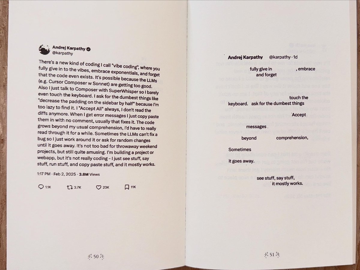 sighswoon's tweet photo. The twēēt poem series is a playful break in the center of the book , an ode to the parts of me that are inherently memer and poster with a tinge of transcendental invitation , but for me it’s deeper than that, as this series marked the birth of Practices in Apparition, and, represent an end to a personal thesis and journey. 

Quite directly, these tweets are why my book even came to be. As I was posting these multiple times a day with a passion, I received 3 different offers for publication. 3 different publishers wanted them as a book. We developed the book way beyond that, and I found myself sculpting a book that was designed to soothe the internet user, the human in this new gen of tech , to remind us that it’s all a tool, and that humanity has always been a tool species, and this doesn’t get in the way of God, or love, or nature, how we still have it all, we’re still who we’ve always been, handling hot and sharp things, reaching for connection and evolving . I wanted to make the “it’s okay to be online, it’s okay to go offline” book without saying those words at all. But I also wanted to talk about God and waterfalls and rocks and ghosts of course. Tying it all together was the joyous creative challenge and I had so much fun. This book is a snapshot of the last 3 years of study.

I also felt that these poems were a way to put the book on a timeline. Included in the tweet poems are Elon musk, Trump, Ye, grimes, various AI posters, creative coaches , and many more. I wanted a snapshot of this era but I also wanted to transcend it , play my way through it. Doing these felt more like sculpture than poetry. A dense rock carved into something lighter. 

I really love these , and I feel they have more for me, more meaning I have yet to realize. Presenting them side by side like this already produced a new meaning - reading them back and forth was an entirely different experience than how they felt online. Side by side, they alter each other. So grateful for the opportunity to organize and present them in this way, archived on paper forever,