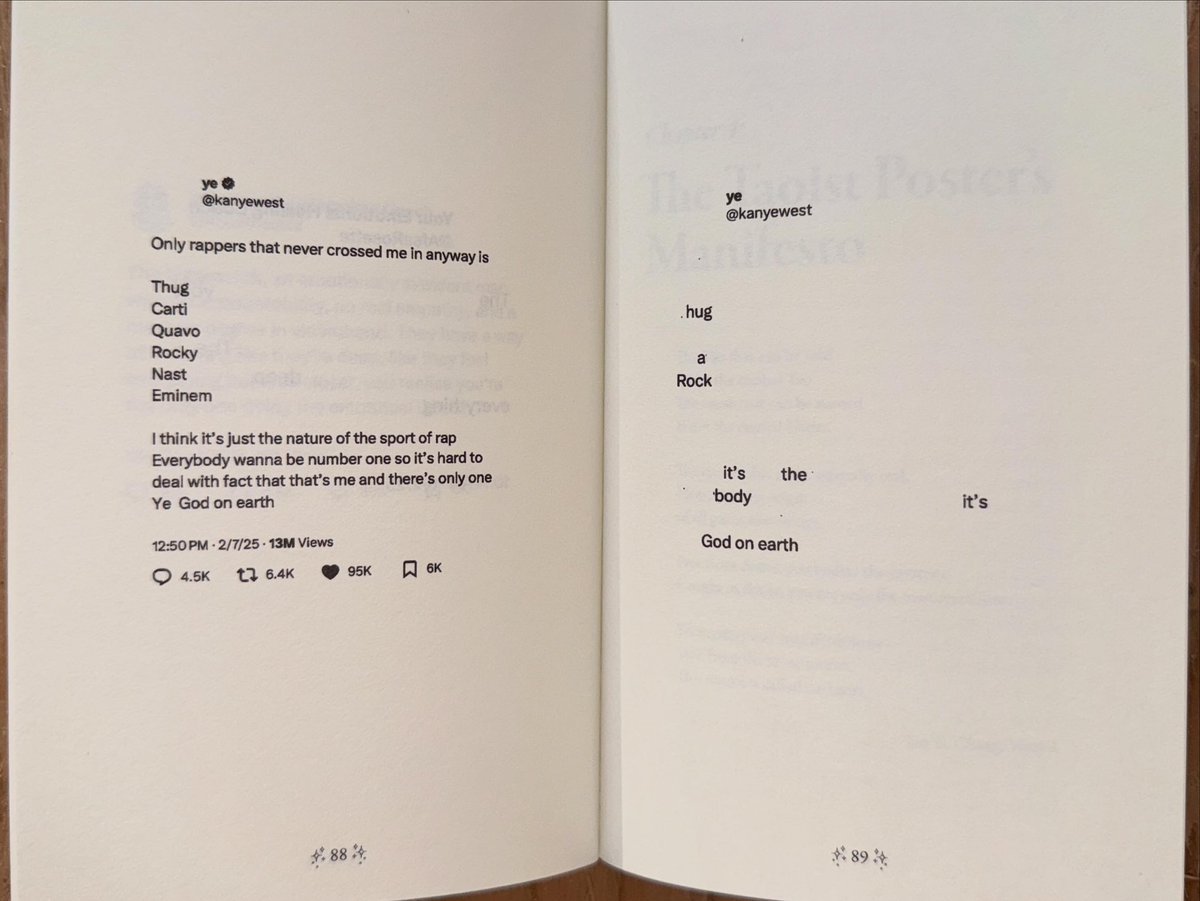sighswoon's tweet photo. The twēēt poem series is a playful break in the center of the book , an ode to the parts of me that are inherently memer and poster with a tinge of transcendental invitation , but for me it’s deeper than that, as this series marked the birth of Practices in Apparition, and, represent an end to a personal thesis and journey. 

Quite directly, these tweets are why my book even came to be. As I was posting these multiple times a day with a passion, I received 3 different offers for publication. 3 different publishers wanted them as a book. We developed the book way beyond that, and I found myself sculpting a book that was designed to soothe the internet user, the human in this new gen of tech , to remind us that it’s all a tool, and that humanity has always been a tool species, and this doesn’t get in the way of God, or love, or nature, how we still have it all, we’re still who we’ve always been, handling hot and sharp things, reaching for connection and evolving . I wanted to make the “it’s okay to be online, it’s okay to go offline” book without saying those words at all. But I also wanted to talk about God and waterfalls and rocks and ghosts of course. Tying it all together was the joyous creative challenge and I had so much fun. This book is a snapshot of the last 3 years of study.

I also felt that these poems were a way to put the book on a timeline. Included in the tweet poems are Elon musk, Trump, Ye, grimes, various AI posters, creative coaches , and many more. I wanted a snapshot of this era but I also wanted to transcend it , play my way through it. Doing these felt more like sculpture than poetry. A dense rock carved into something lighter. 

I really love these , and I feel they have more for me, more meaning I have yet to realize. Presenting them side by side like this already produced a new meaning - reading them back and forth was an entirely different experience than how they felt online. Side by side, they alter each other. So grateful for the opportunity to organize and present them in this way, archived on paper forever,