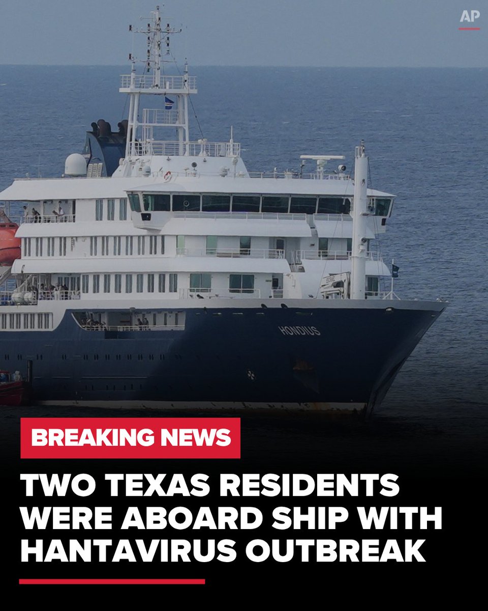 Two Texas residents who were on board the cruise ship tied to deadly hantavirus cases returned to the U.S. before the outbreak was found. Neither is experiencing symptoms, but they’ve agreed to monitor themselves: khou.com/article/news/l… 

(AP Photo/Misper Apawu)