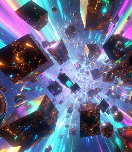 renatoapp72's tweet photo. Uma explosão colossal de formas geométricas 3D (cubos, esferas e pirâmides metálicas) flutuando em um vórtice infinito, criando uma sensação de movimento e profundidade épica.Cores neon vibrantes em tons de magenta, ciano, roxo, dourado e arco-íris iluminam as peças,... https://t.co/NjuenYyLrw