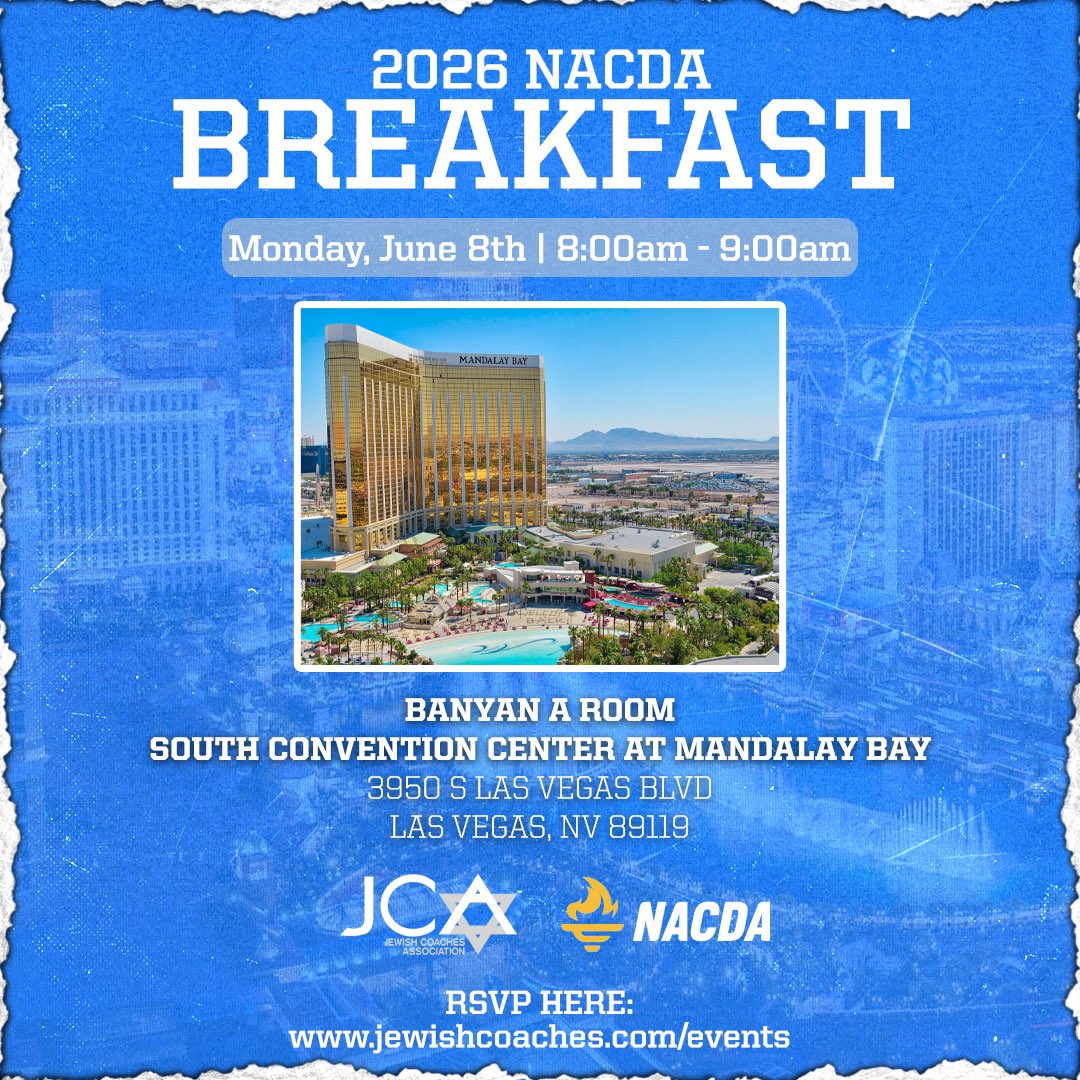 JewishCoaches's tweet photo. Join the JCA at NACDA 2026! ☕️

Join us in Las Vegas for breakfast on Monday June 8th for a meet &amp; greet at the convention. Share ideas, connect with Jewish colleagues, &amp; help build our growing community.

RSVP HERE:
https://t.co/v2CuJ2Yxct

#JCA | #JewishCoaches | #NACDA2026 https://t.co/jwxoYpEbp9