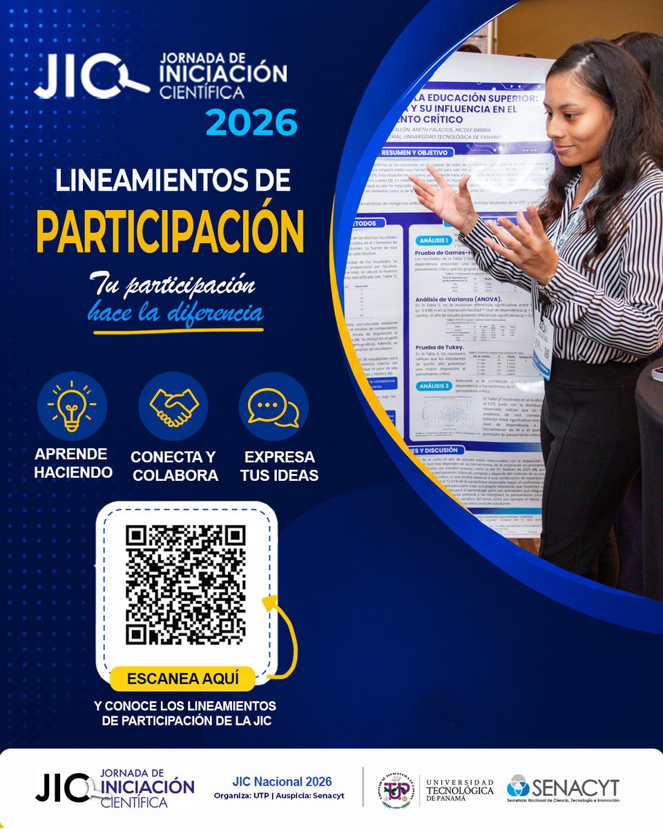 JICPanama's tweet photo. Ya puedes consultar los Lineamientos de Participación de la #JIC2026 

💡 Aprende
🤝 Colabora
🗣️ Expresa tus ideas
📲 Escanea el QR y conoce cómo participar en la JIC Nacional 2026.

 #Investigación #Ciencia #UTP #Panamá #senacyt https://t.co/3BAoM6X2iL
