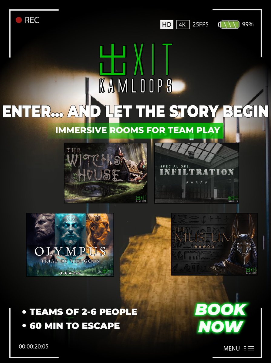 exitkamloops's tweet photo. 🎬 Enter… and let the story begin. Immersive escape rooms, 60 minutes, one mission. 📷 2–6 players | 📷 BOOK NOW at https://t.co/1kN9pFNItT Kamloops Escape Games #304 - 1801 Princeton-Kamloops Highway, Kamloops, BC 📷 kamloops@e-exit.ca  📷 https://t.co/Xg8JjwDMny