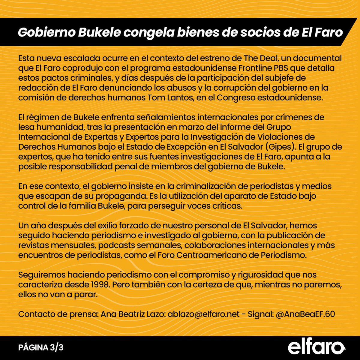 🚨Entre febrero y abril de 2026, el régimen de Nayib Bukele congeló dinero de una cuenta bancaria y un inmueble de dos socios de Trípode S.A. de C.V., la sociedad creadora de El Faro.

beta.elfaro.net/opinion/gobier…