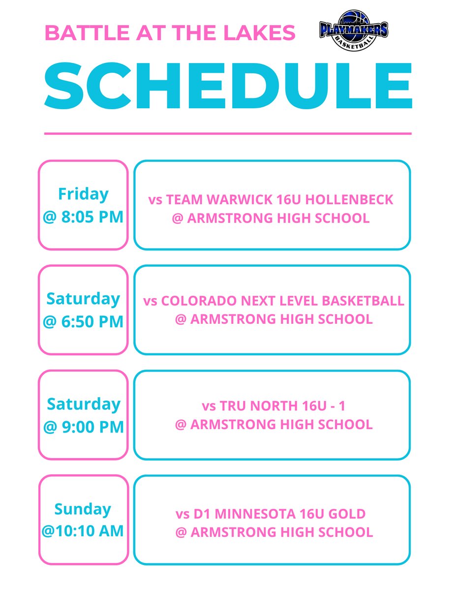 PM28NATL's tweet photo. Check out our schedule this weekend at the @PrepHoops Battle at the Lakes Tournament in the Twin Cities!

All games will be played at Armstrong High School

@WIPlaymakers 

@Nolanbork1 @KestonNiven @Djacksonziegler @NesbittColton @Paitonnyren @mwoolever22 @travaires @tegan2143 https://t.co/n11ClrjQHV