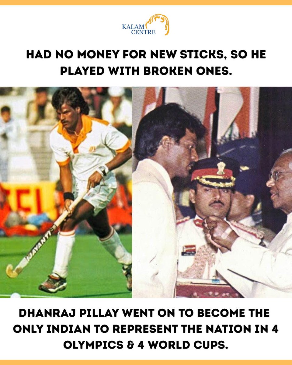 KalamCenter's tweet photo. He didn’t have the money for a new hockey stick —
So young Dhanraj Pillay collected broken ones.
Taped them. Repaired them.
And hoped they'd hold up for just one more game.

He ran barefoot on the muddy fields of Mumbai, chasing a dream that didn’t come with sponsors, kits, or cheers.

There was no spotlight. Just sheer will.

And that will carried him all the way to history books.

🇮🇳 The only Indian to play in 4 Olympics and 4 World Cups
🏑 Over 400 international matches
🥅 170+ goals
🥇 Gold medals at the 1998 Asian Games and 2003 Asia Cup

More than the stats and medals, it’s the journey that inspires —
From a boy with broken sticks to a man who gave Indian hockey its fiercest heartbeat.

#DhanrajPillay #IndianHockey #Legend #AgainstAllOdds #RealHero #Inspiration