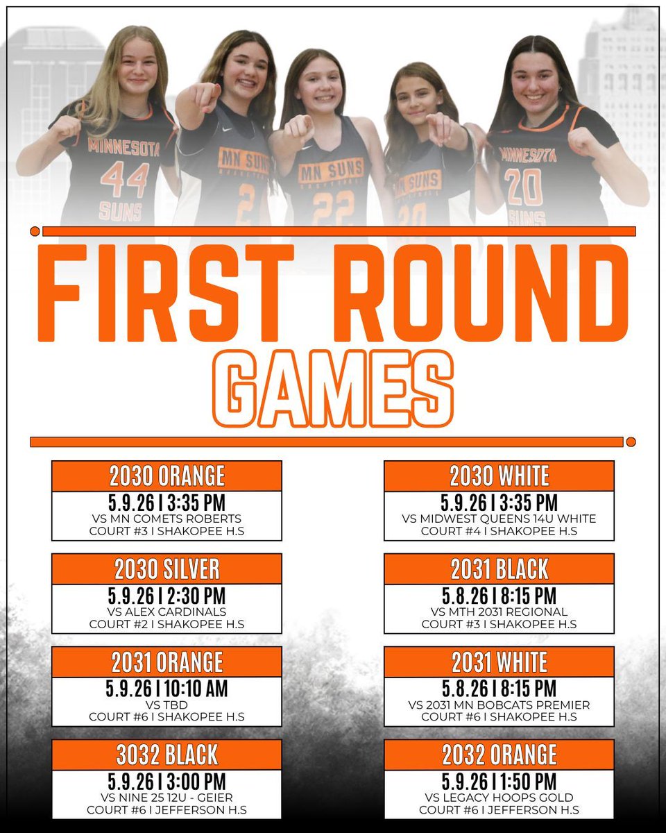 MNSunsbball's tweet photo. GAME WEEK!!

All of our Minnesota Suns Teams are in action this weekend at the Minnesota AAU State Championship!!

📍 Metro Area, Minnesota

👀 Follow along and see how the Suns compete: https://t.co/unii01eno0 https://t.co/MZxfxFP3m3