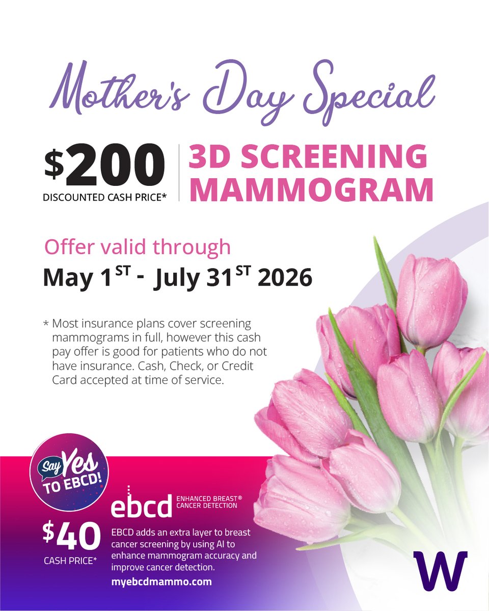 WaveImaging's tweet photo. Don’t forget to make time for you 💐

This Mother’s Day season, take a moment to prioritize your health with our $200 3D screening mammogram, available May 1 – July 31.

Save this as your reminder ✔️ Book your appointment today: https://t.co/c0akUolnnV https://t.co/cXbv14hV32