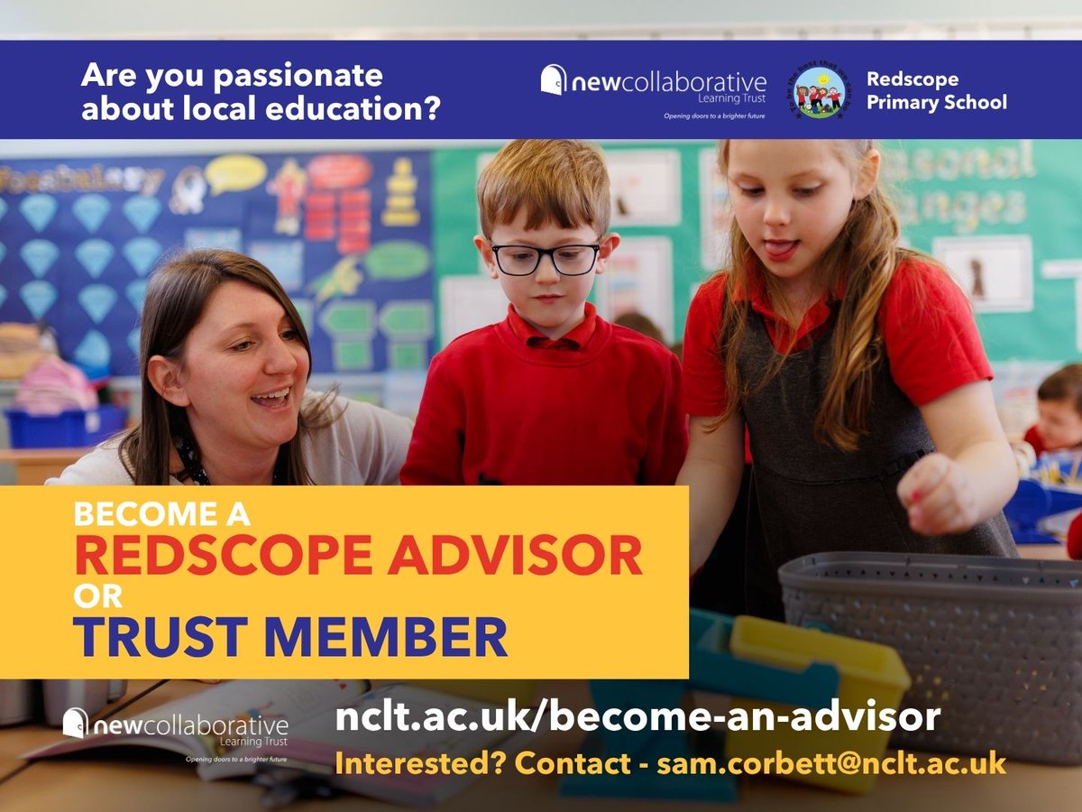 NCLearningTrust's tweet photo. We are seeking Advisors at Redscope Primary School and a dedicated individual to join us as a Trust Member.

To find out more about these important roles, visit https://t.co/3ww0sq0TO7 or contact: sam.corbett@nclt.ac.uk https://t.co/d0dcer7qDv