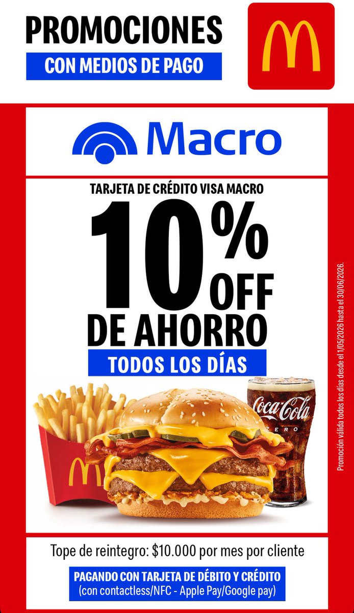NOVEDAD! Ahora tenemos DESCUENTO TODOS LOS DIAS EN MCDONALDS CON BANCO MACRO!
Pagando con NFC débito o crédito!
El % varía de acuerdo al tipo de cliente!