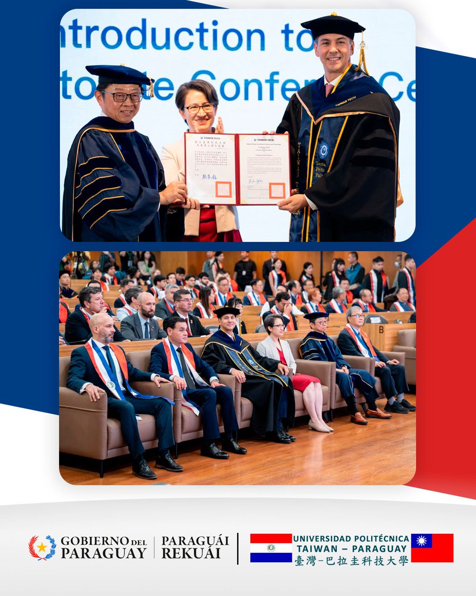 UPTP_py's tweet photo. Distinción Académica al Presidente Santiago Peña en Taiwán 

El Rector de la UPTP, Jorge Duarte, acompañó al Presidente Santiago Peña en su investidura como Doctor Honoris Causa por Taiwan Tech. Junto a la Vicepresidenta Hsiao Bi-khim y el Dr. Jia-Yush Yen. https://t.co/eIMiMuYWba