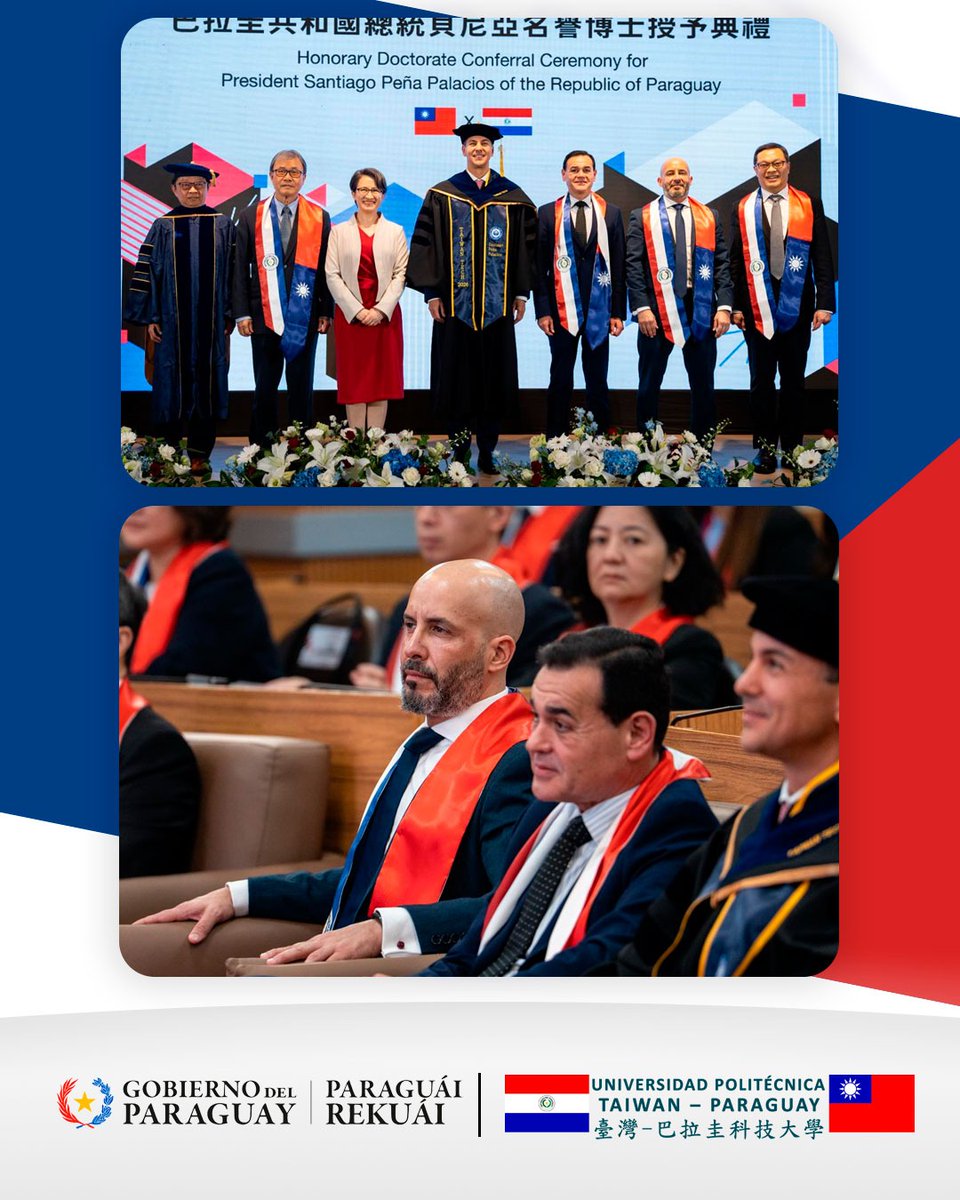 UPTP_py's tweet photo. Distinción Académica al Presidente Santiago Peña en Taiwán 

El Rector de la UPTP, Jorge Duarte, acompañó al Presidente Santiago Peña en su investidura como Doctor Honoris Causa por Taiwan Tech. Junto a la Vicepresidenta Hsiao Bi-khim y el Dr. Jia-Yush Yen. https://t.co/eIMiMuYWba