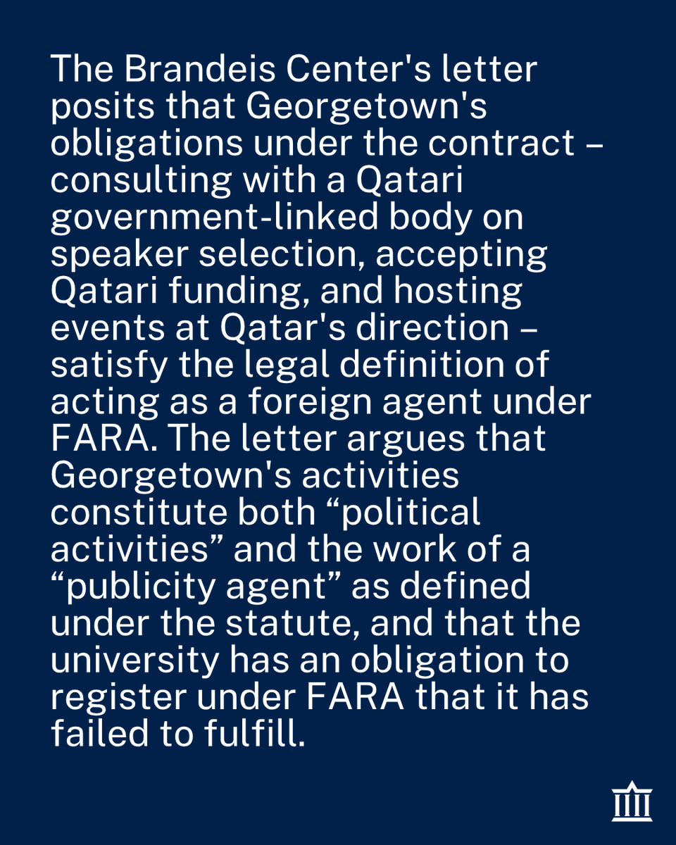 brandeiscenter's tweet photo. BREAKING: BRANDEIS CENTER CALLS ON DOJ TO INVESTIGATE GEORGETOWN UNIVERSITY FOR VIOLATING FOREIGN AGENTS REGISTRATION ACT OVER SECRET QATAR-LINKED DEAL

https://t.co/XQhcBHOqDF https://t.co/02BtjeDtsJ