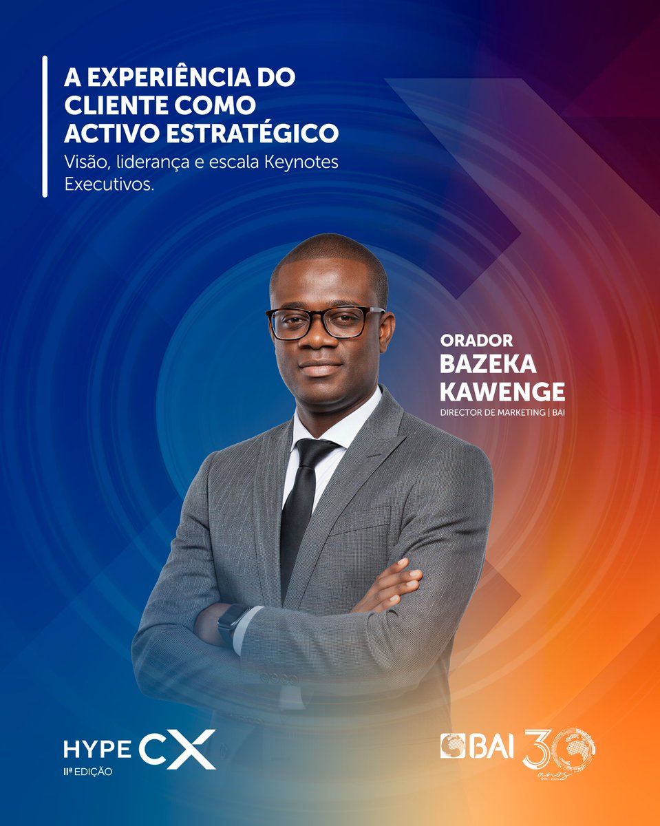 bai_ao's tweet photo. Estaremos presentes amanhã na HYPE CX – II.ª Edição, enquanto patrocinadores de um encontro que promove a reflexão estratégica sobre a experiência do cliente em Angola.

O nosso Director de Marketing, Bazeka Kawenge, integrará o programa do HYPE CX 2026, com a apresentação de um keynote executivo subordinado ao tema “Experiência do Cliente como Activo Estratégico: visão, liderança e escala”.

Acreditamos no valor da partilha de conhecimento e da inovação contínua, colocando a experiência do cliente no centro da forma como actuamos e evoluímos enquanto instituição.

BAI. 30 anos a transformar gerações.
Prontos para o Futuro.
#HypeCX
#30AnosBAI
#ProntosParaOFuturo