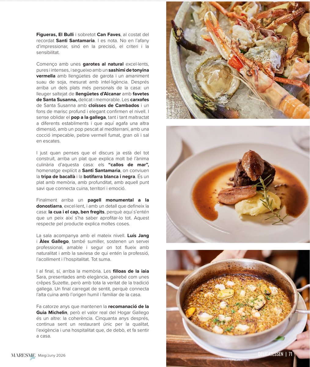 ElHogarGallego's tweet photo. 📰✨ Gràcies a Jordi Aparicio i a la nova revista Maresme Dona per la crítica gastronòmica dedicada a @elhogargallego en el primer número de la publicació, coincidint amb els nostres 50 anys. Un honor immens ❤️🍽️ #Calella #Gastronomia #GuiaMichelin #SolRepsol https://t.co/Zy3Z9rFyFw