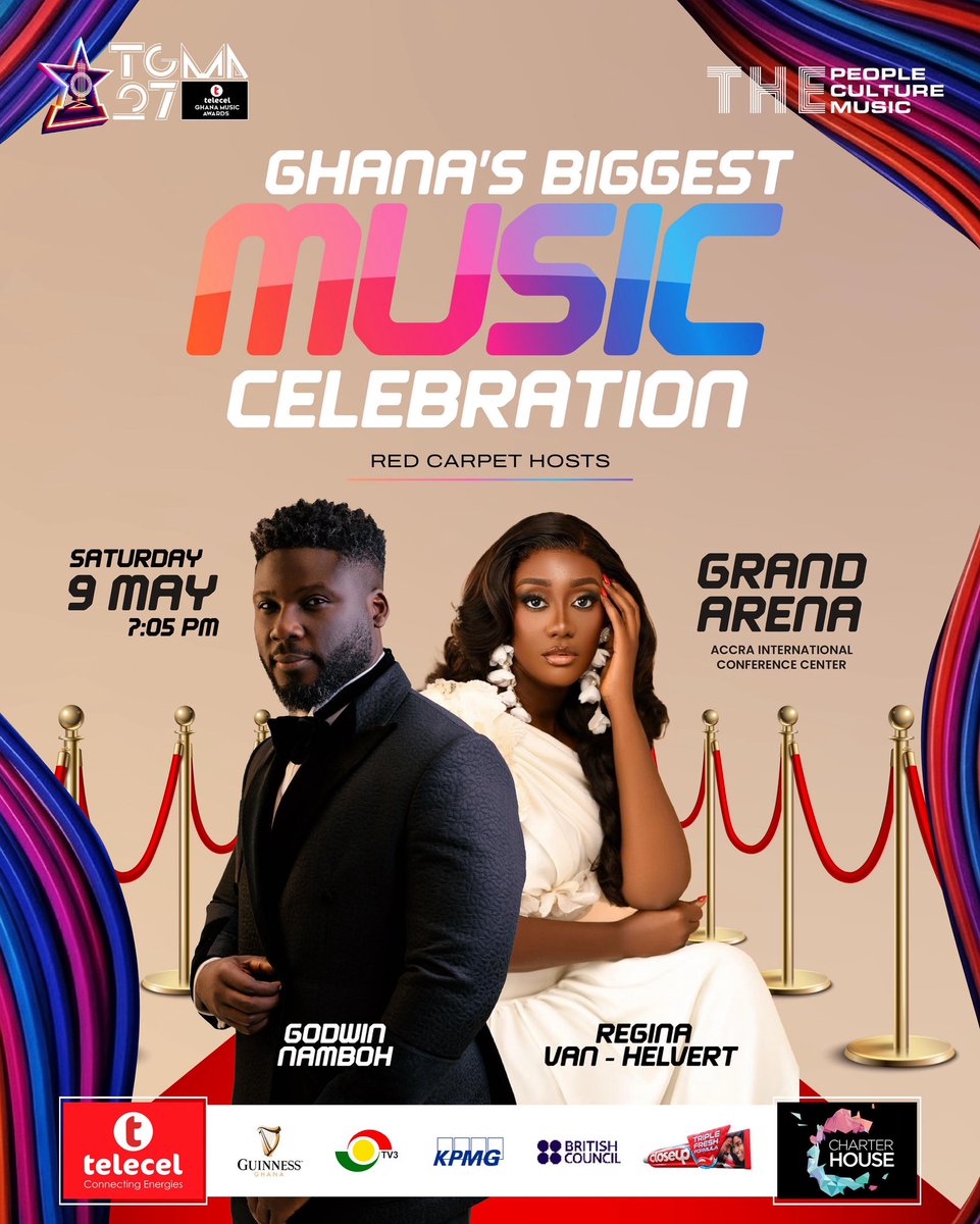 Catch <a href="/godwinnamboh/">Godwin Selorm K. Namboh</a> &amp; <a href="/regivanhelvert/">Regina Van Helvert</a> serving looks, vibes, and all the juicy moments from Ghana’s biggest music celebration! 

🗓 Saturday, 9th May
📍 Grand Arena, AICC
⏰ 7:05 PM sharp!

This is not just a red carpet… it’s a whole fashion show!😉

#27thTGMA