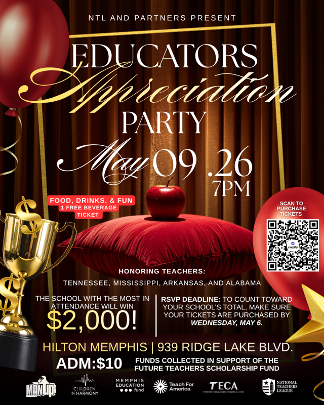 TNEdColorAllies's tweet photo. Party with TECA and our Memphis education partners at the Educator Appreciation Party! 
🗓️ Saturday, May 9 at 7 pm 
📍 Hilton Memphis, 939 Ridge Lake Rd 
🎟️ Tickets are $10 and will benefit the Future Teachers Scholarship Fund. 
🔗 https://t.co/81fRt1PnR6 https://t.co/ELLZF4K9rM