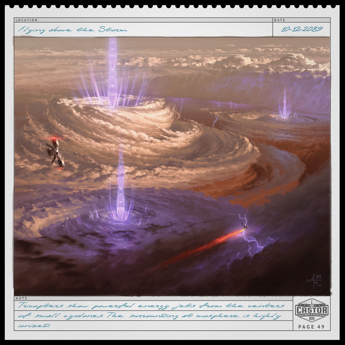 MartianCrypt's tweet photo. Martian sketches - page 49 
"Tricopters show powerful energy jets from the centers of small cyclones. The surrounding atmosphere is highly ionized." 
#cgart #scifi #mars #space #martiansketches https://t.co/WbwpvVgWkD