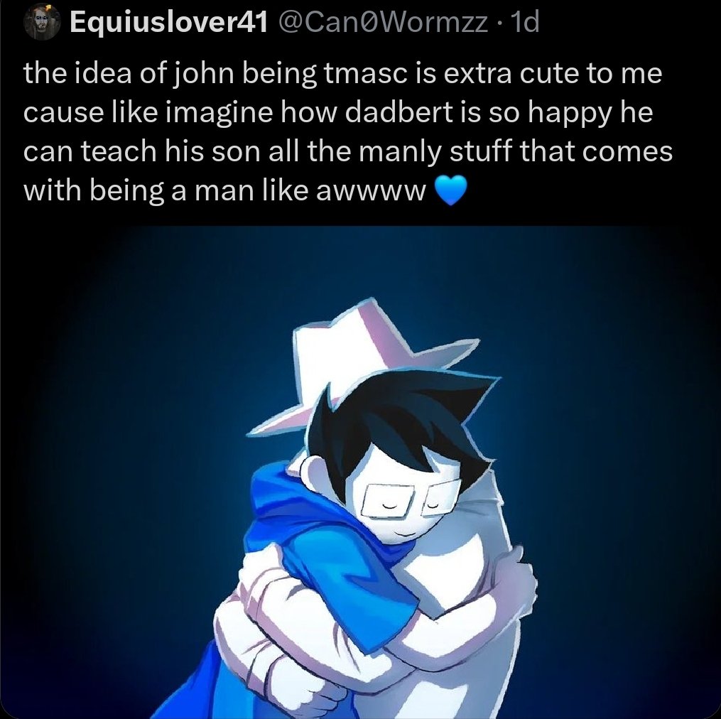 dannithe2st's tweet photo. tfem roxy and tmasc john both feel like this
"you know those moments of masculinization/feminization imposed onto john/roxy? they were actually super gender affirming!"
makes them so flat
makes them so boring https://t.co/DF6fem9jGn