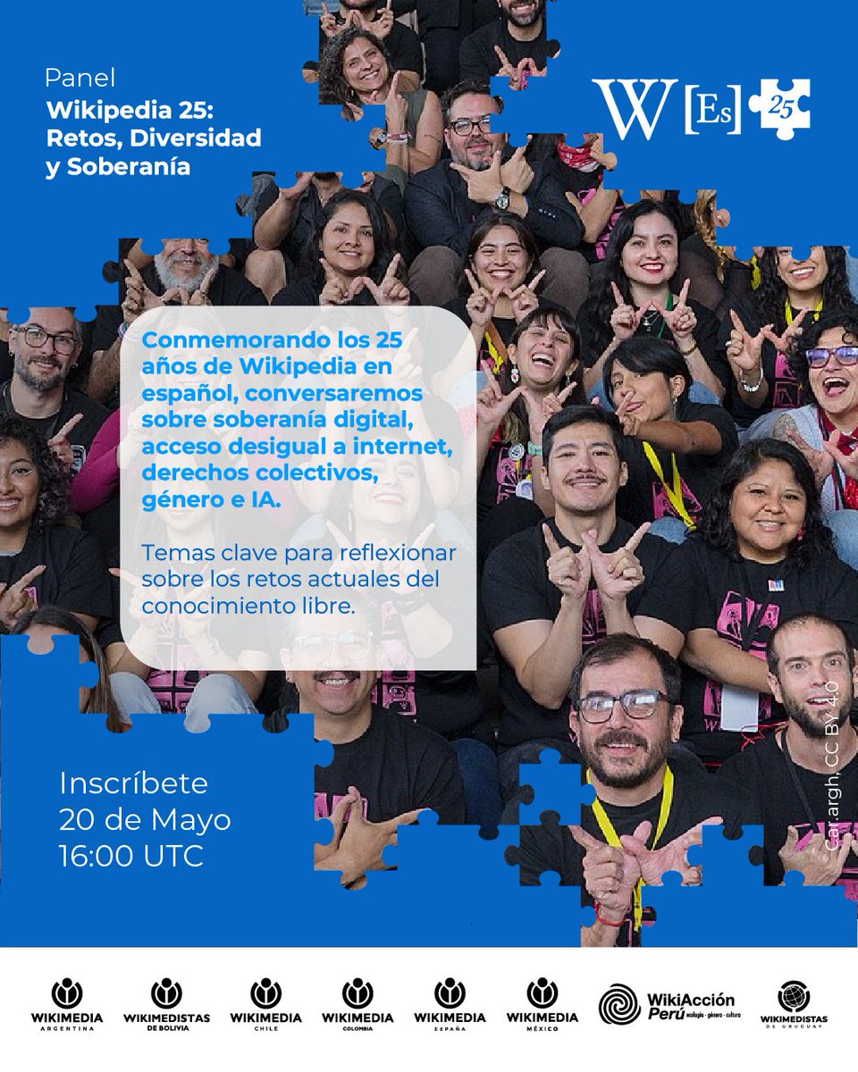 Wikimedia_mx's tweet photo. Wikipedia cumple 25 años en español, pero este no es solo un aniversario: es una oportunidad para preguntarnos quién construye el conocimiento, desde dónde y bajo qué condiciones.

Acompáñanos en este panel para conversar sobre los desafíos actuales de la enciclopedia libre.
1/3 https://t.co/P4KOgVI7TH