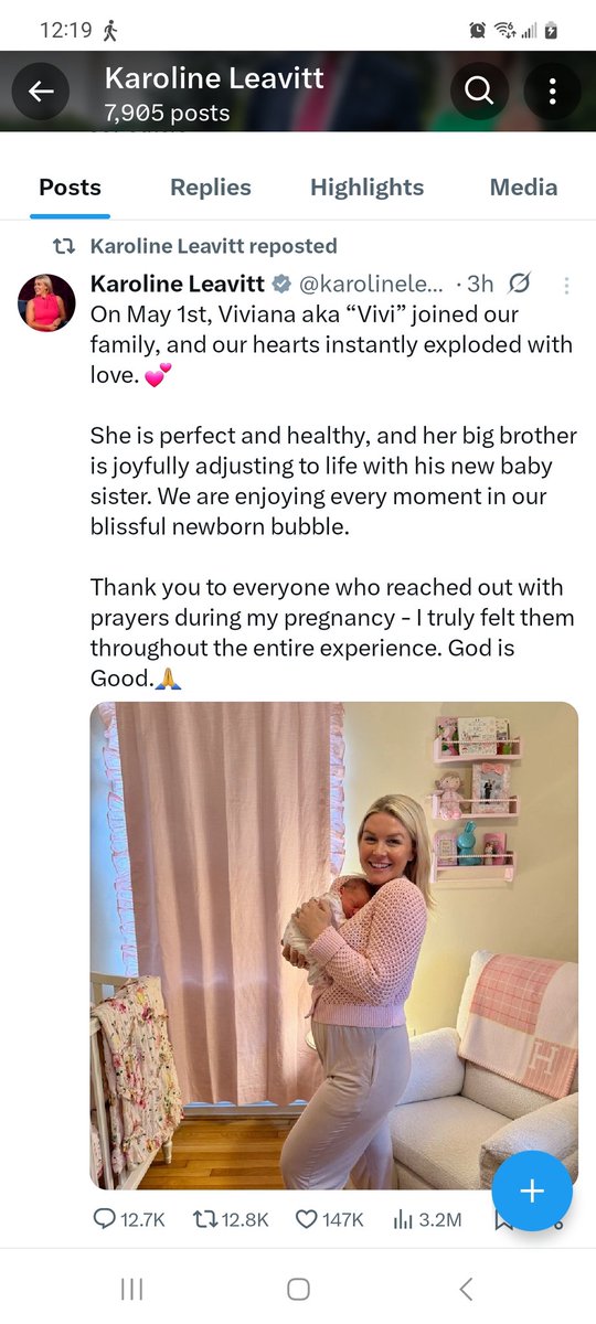 SD73660's tweet photo. Congratulations, Karoline Leavitt and baby girl Vivi!!
#PressSec https://t.co/jLbgFEJ1C6