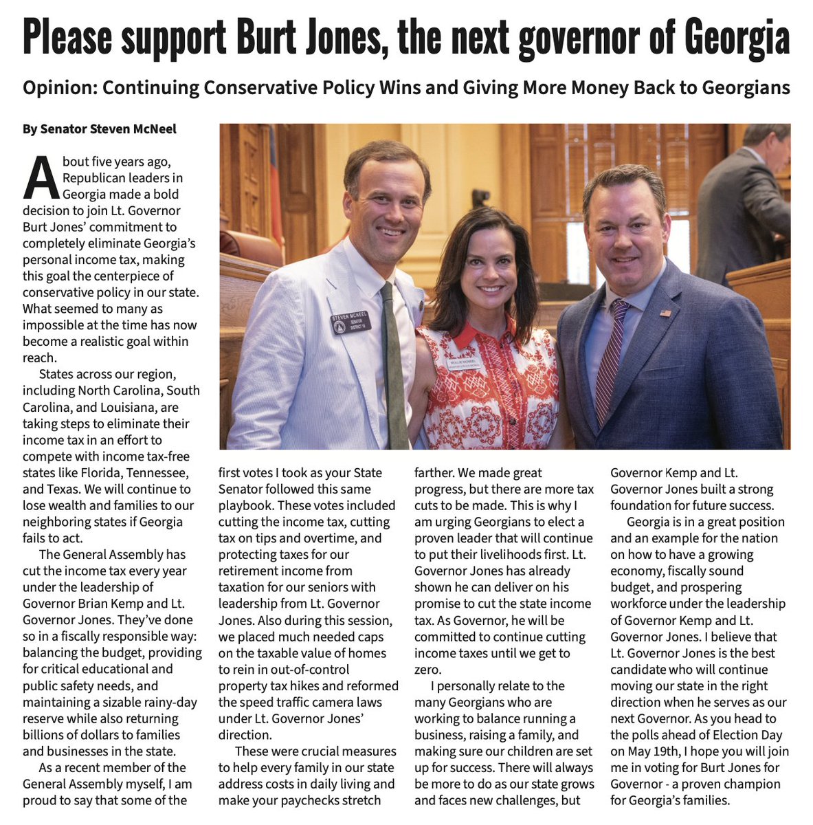 burtjonesforga's tweet photo. Thank you for the strong support, Senator McNeel! Honored to work alongside you to cut taxes and lead our state forward.

@smcneel #gapol https://t.co/nAfehYqnry