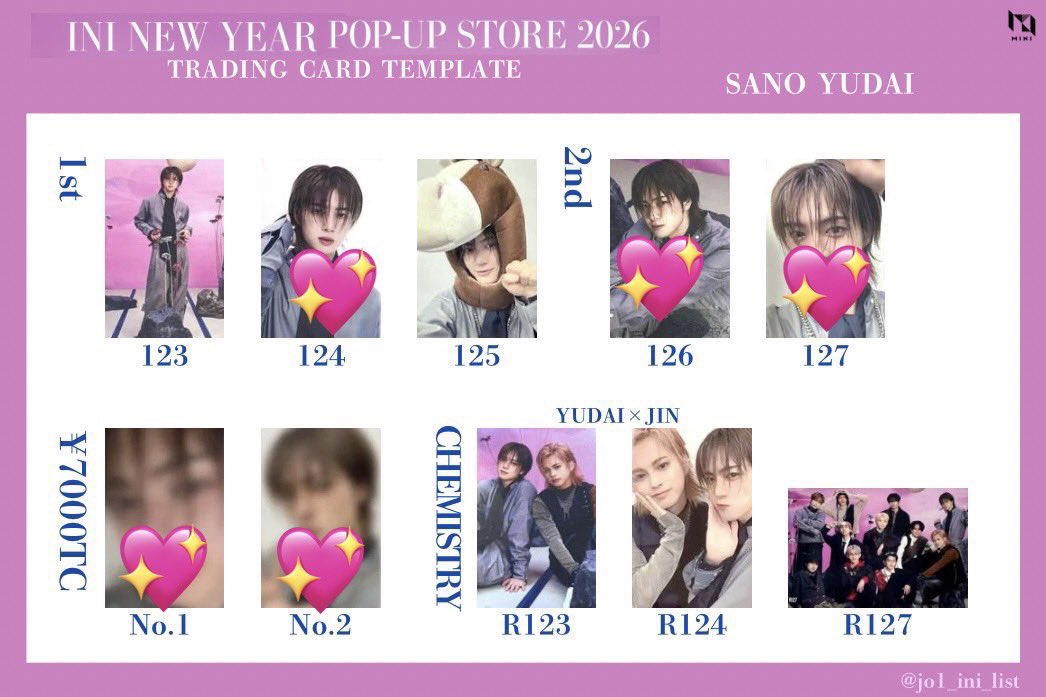 3chandesi's tweet photo. INI NEW YEAR POPUP STORE 2026
ポップアップ 109 交換 

【譲】 画像のもの（1-3枚目）

【求】佐野（4枚目💖＞異種トレカ）＞髙塚（セルカのみ）

オフラ関西会場での手渡し＞郵送📮
お気軽にお声掛けください🙇🏻‍♀️

 #INI交換  #INI譲  #INI求 https://t.co/TH2fxHUKyE