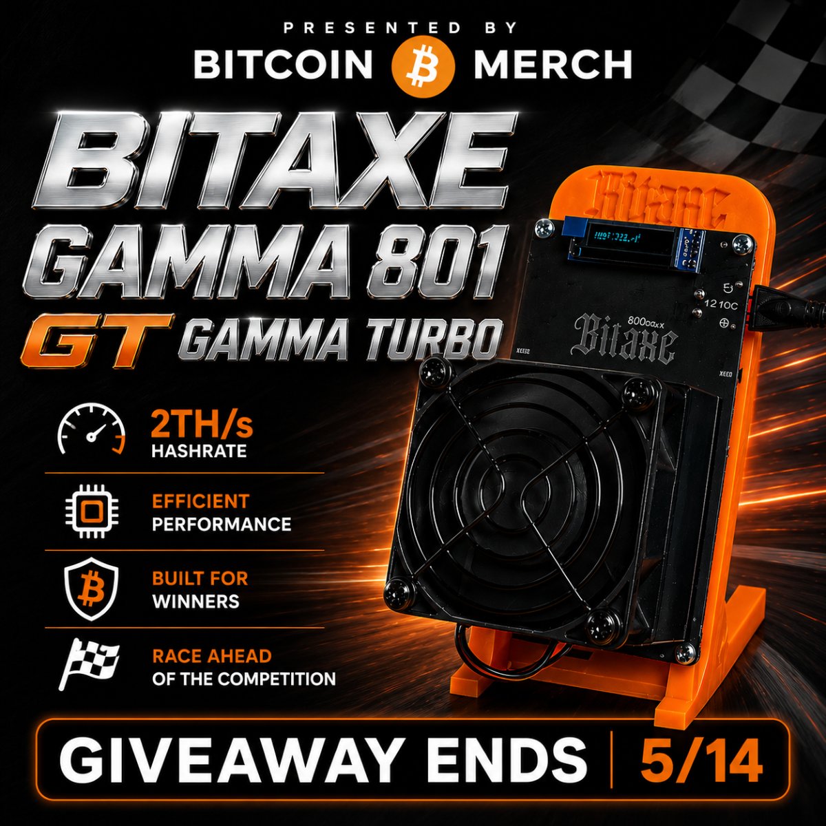 🏁NEW Giveaway - Bitaxe Gamma 801 GT (Gamma Turbo)

To enter:
1)👋Follow <a href="/BitcoinMerchCom/">BitcoinMerch.com</a> 
2)🩷Like this post
3)🔁Repost

Bonus - tag 2 friends in the comments below with🏁

Giveaway ends 5/14 - winner announced 5/15

Goodluck everyone🏁