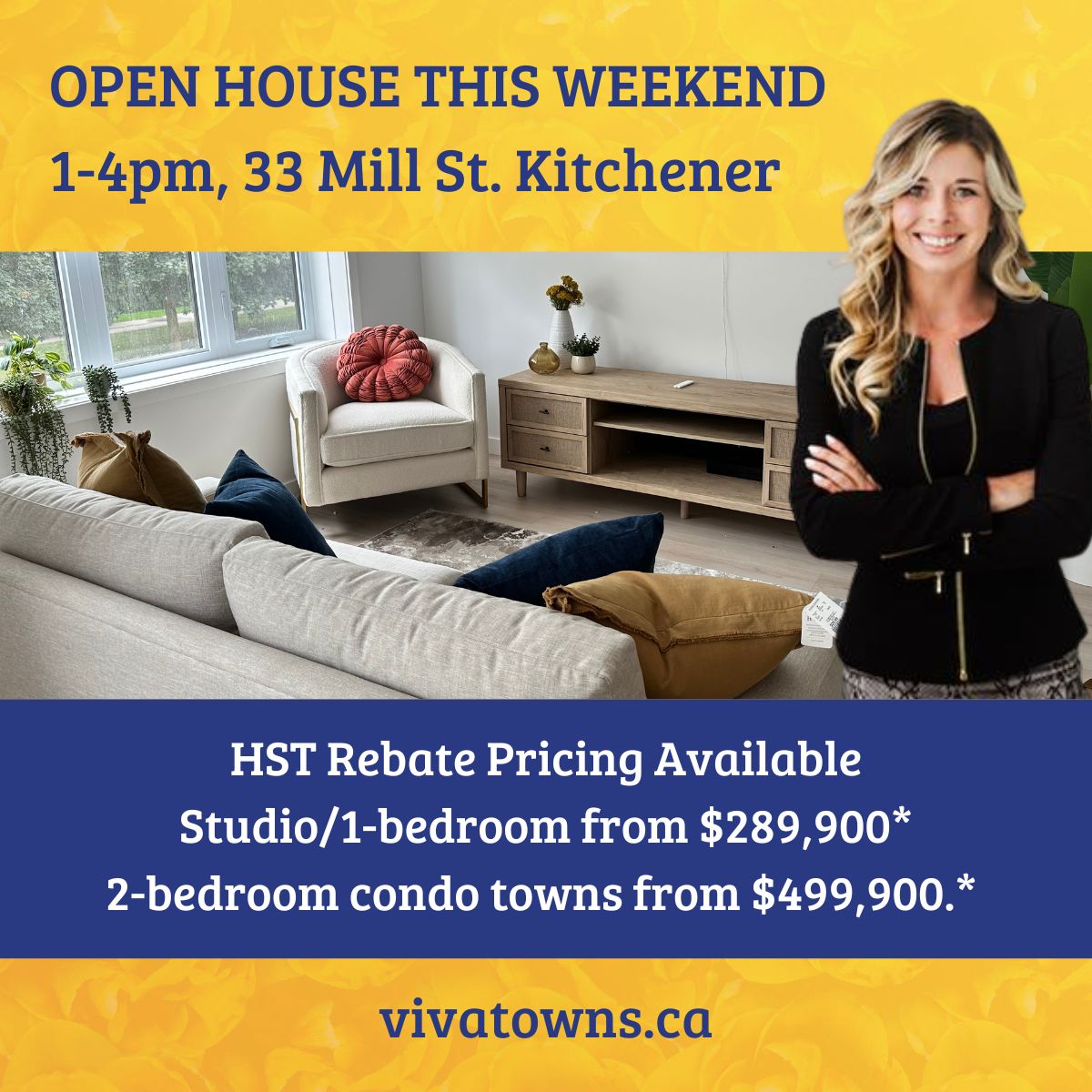 Polocorp's tweet photo. Downtown Kitchener living from $289,900.* Open house Saturday, 1 to 4 pm.

Come walk through the furnished model homes and talk to Stacey from our sales team. No appointment needed.

https://t.co/7mC3NjZeLi

#VIVATowns #OpenHouse #DowntownKitchener

*Adjusted price after rebate shown for demonstration purposes only and is subject to the proposed rebates coming into force prior to closing, the purchaser qualifying for the proposed rebates and the purchaser assigning the proposed rebates to the Vendor on closing. Refer to the agreement of purchase and sale for further details.