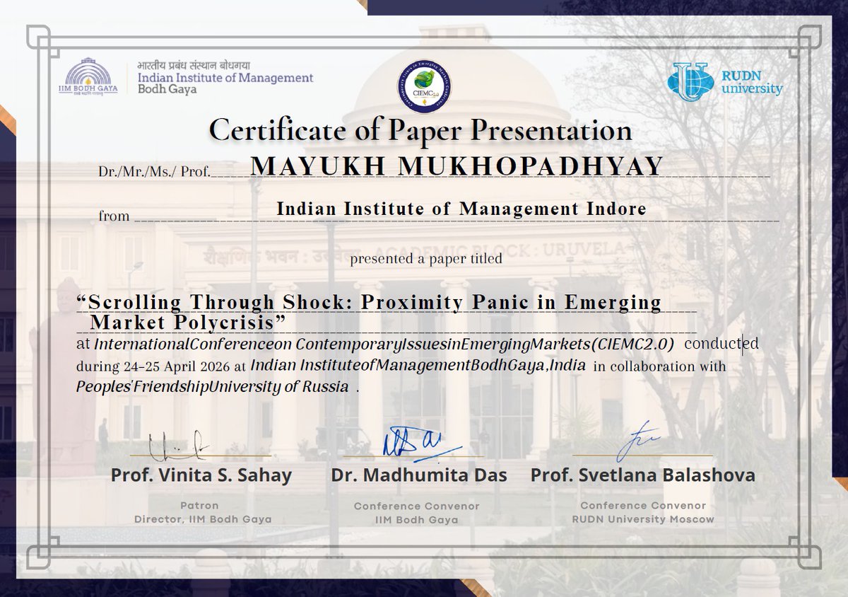 mayukhdifferent's tweet photo. Honoured to present my work on proximity panic in Polycrisis situations at the international conference organized by IIM Bodhgaya and RUDN University Moscow. https://t.co/BccpXWk5FY