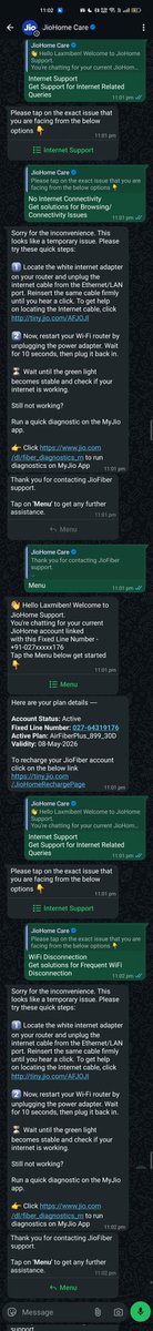 Jatin_AI's tweet photo. @JioCare it seems you only have one response / resolution for every type of issues people report through whatsapp support. Essentially there's no way to report an issue regarding slow internet speed. @reliancejio 

If this continues I am more than happy to switch to @airtelindia https://t.co/WEKJzw9Fjd