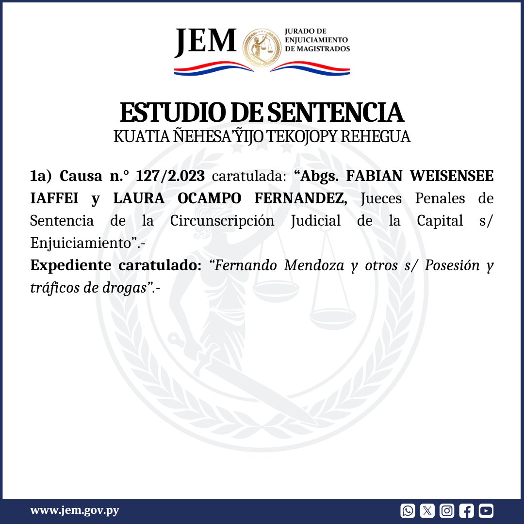 Jem_py's tweet photo. 🔹 El JEM resolvió: 1- RECHAZAR el pedido de prescripción de la acción planteada por los enjuiciados. 2- ABSOLVER a los magistrados enjuiciados. 3- IMPONER las costas en el orden causado.
#JEMPy https://t.co/X2jb6iIZCn