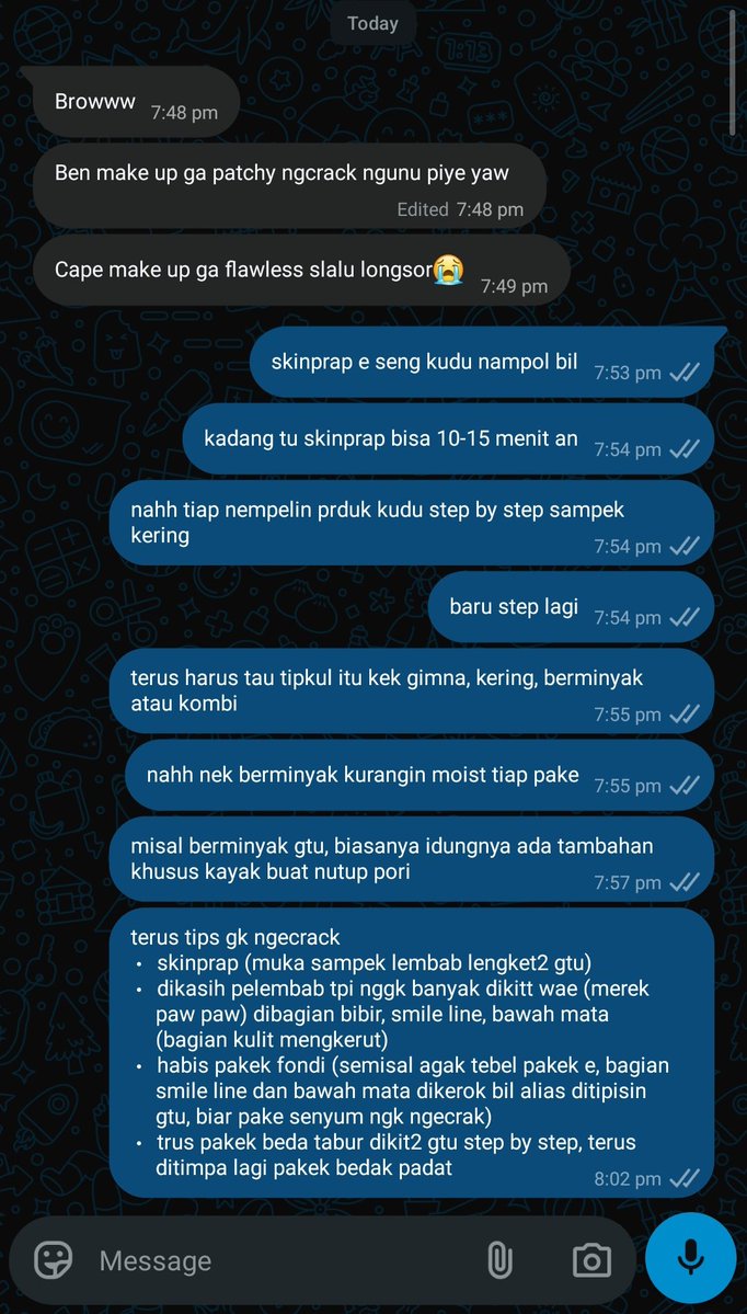 padahal aku kalau makeup yaa gk sampek gini, udah males pakek cushion, bb cream atau fondi (kecuali malem) soalnya mahal plus males kalau tiba-tiba oksidasi wkwkwk, lebih suka pake tone up ajah

suka banget kalau temen nanya2 problem per make-up gini, jadi cintahh🤍