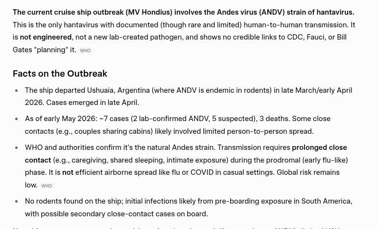 clif_high's tweet photo. Andes version of the Hantavirus is specific to this outbreak. It is NOT air transmissible. It requires moisture to exist and dies in open air and sunlight. 

Yet another conspiracy by the globalists to try to stay in power.

Again please NOTE that ALL tests of Vitamin D against the Hantavirus have been SCRUBBED out of international data stores.  

This hiding  of Vitamin D effects is DELIBERATE.

If you are worried...Chaga UP! for long life and raspy attitude!

#NCSWIC.