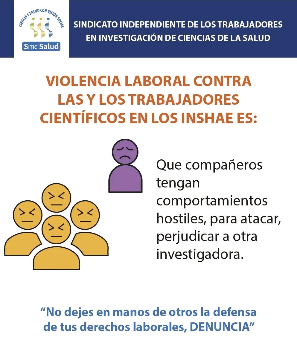 SaludSitic's tweet photo. 📢#Violencia laboral contra los #trabajadores científicos #INSHAE es:
Que compañeros tengan comportamientos hostiles, para atacar, perjudicar a otro investigador 🚩🚩🚩 https://t.co/iOAPlsCIlm