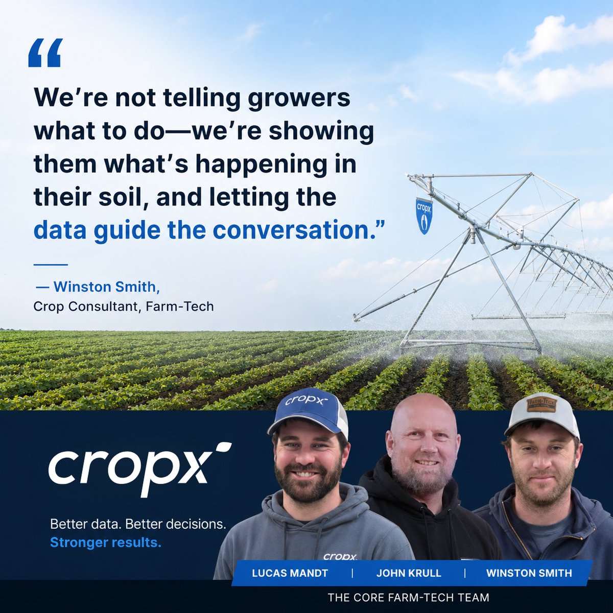 crop_x's tweet photo. @FarmTech1976  turned soil data into smarter water decisions. 💧

John Krull and Winston Smith built a program that tells growers exactly when to water, when to wait, and how to manage effluent safely, field by field.

👉 https://t.co/undWljAvTv
#CropX #PrecisionAg https://t.co/ljiM2dn6k3